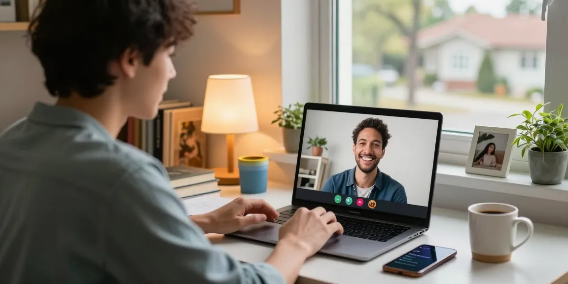 Random chat setup with a cozy home office, showcasing personal interaction on video call.