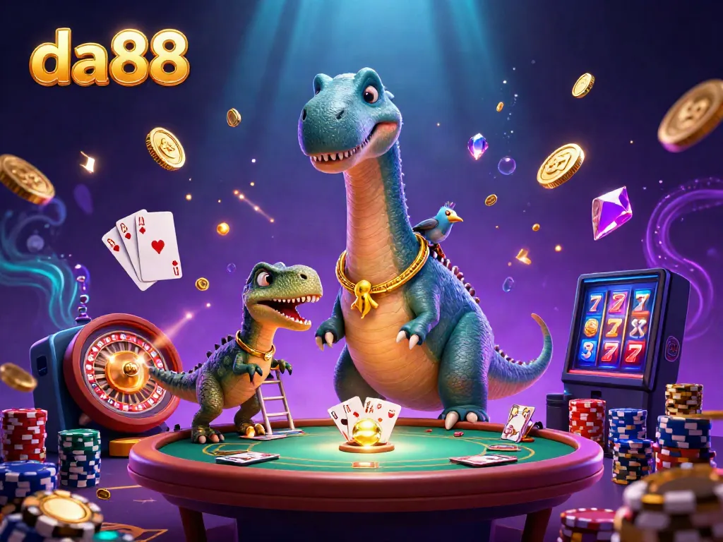 Experience thrilling games at da88 with a brontosaurus in a vibrant casino setting, surrounded by golden coins and shining gems.
