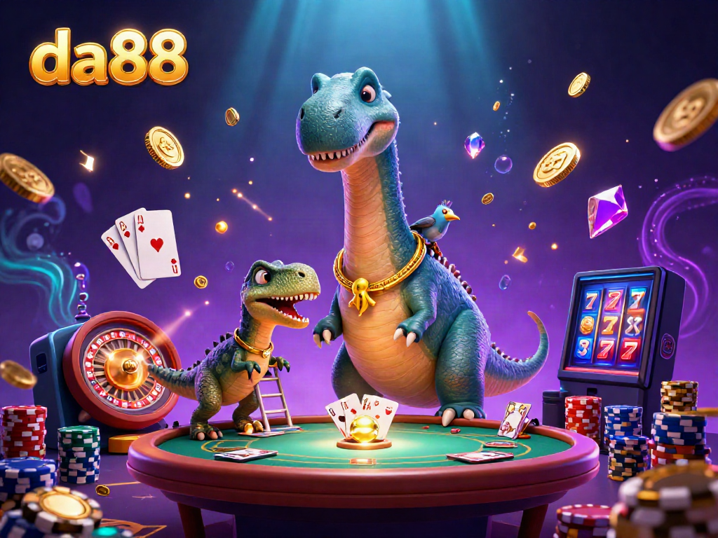 Experience thrilling games at da88 with a brontosaurus in a vibrant casino setting, surrounded by golden coins and shining gems.