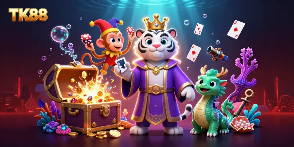 Engage in thrilling games at TK88 Casino with unique characters and vibrant scenes.