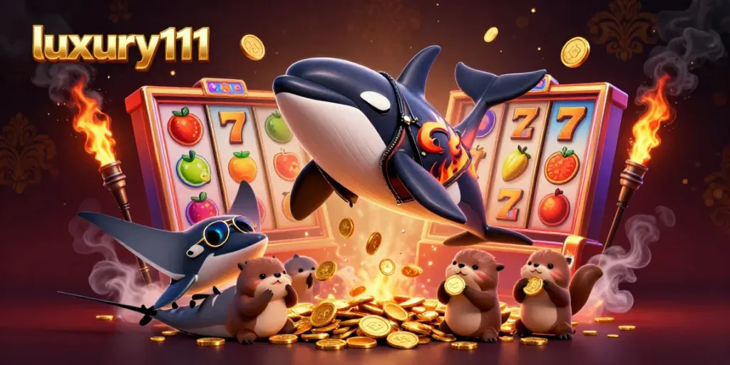 Luxury111 features a vibrant online casino scene with an orca, stingray, and otters enjoying gaming elements.