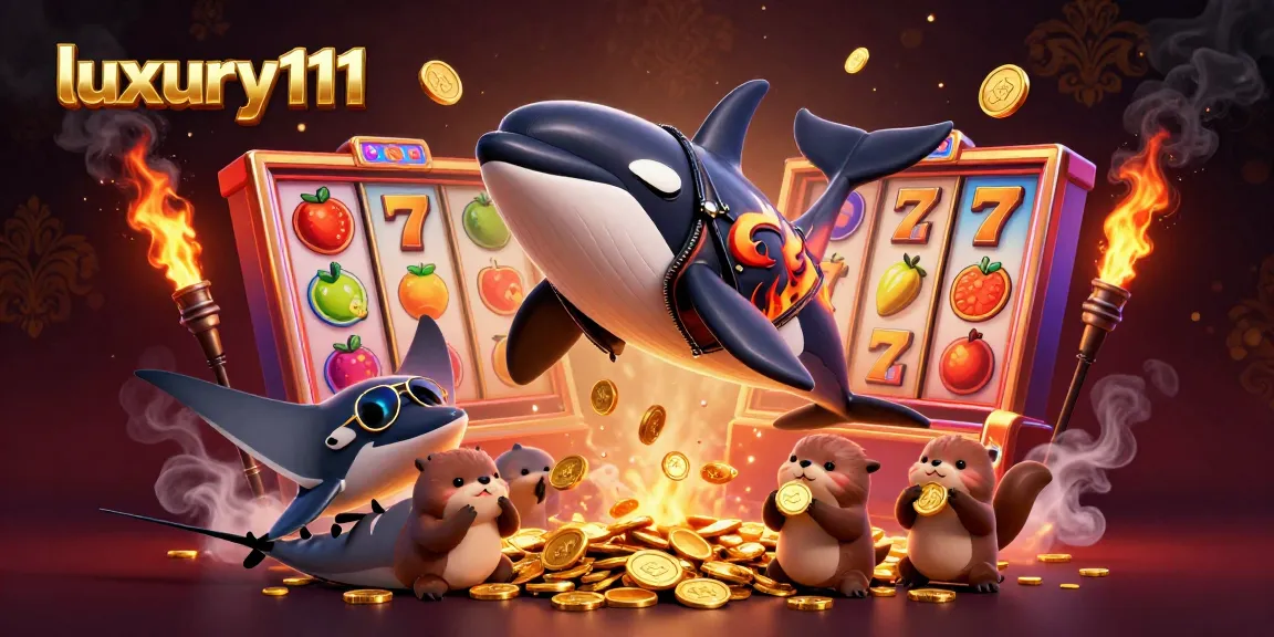 Luxury111 features a vibrant online casino scene with an orca, stingray, and otters enjoying gaming elements.