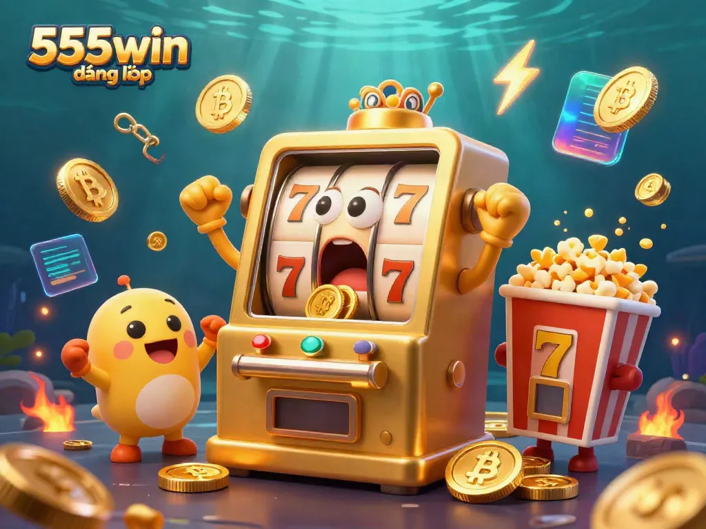 Engage with the excitement of 555win đăng nhập as a golden slot machine hits the jackpot, surrounded by cheering baby slots and iconic coins.