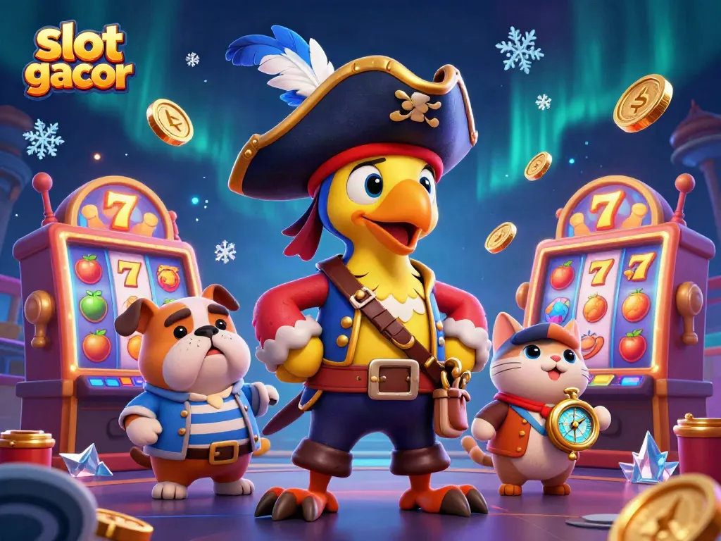 Engage with slot gacor through a lively 3D pirate-themed casino scene featuring colorful slot machines.