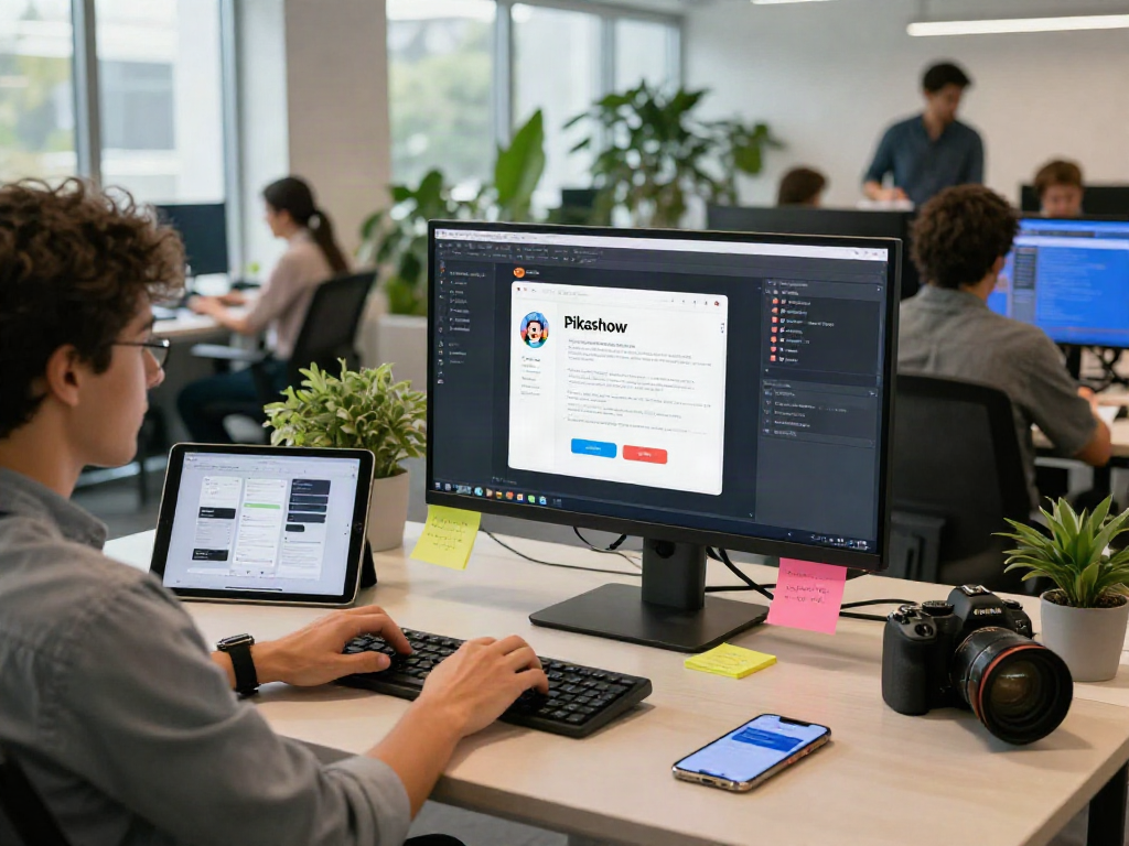 Pikashow app download showcased in a vibrant app development workspace with a software engineer testing the app interface.