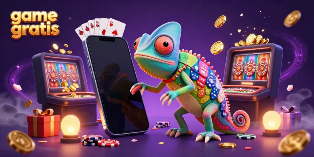 Experience thrilling game gratis action with a colorful casino scene featuring a chameleon owner and vibrant gaming elements.