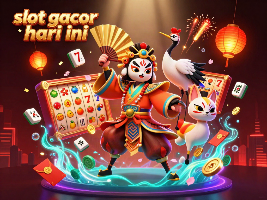 Engage with slot gacor hari ini featuring vibrant slot reels, kabuki warrior, and festive elements.