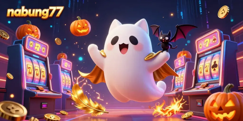 Engage with nabung77's ghost cat and vampire bat in a vibrant casino adventure.