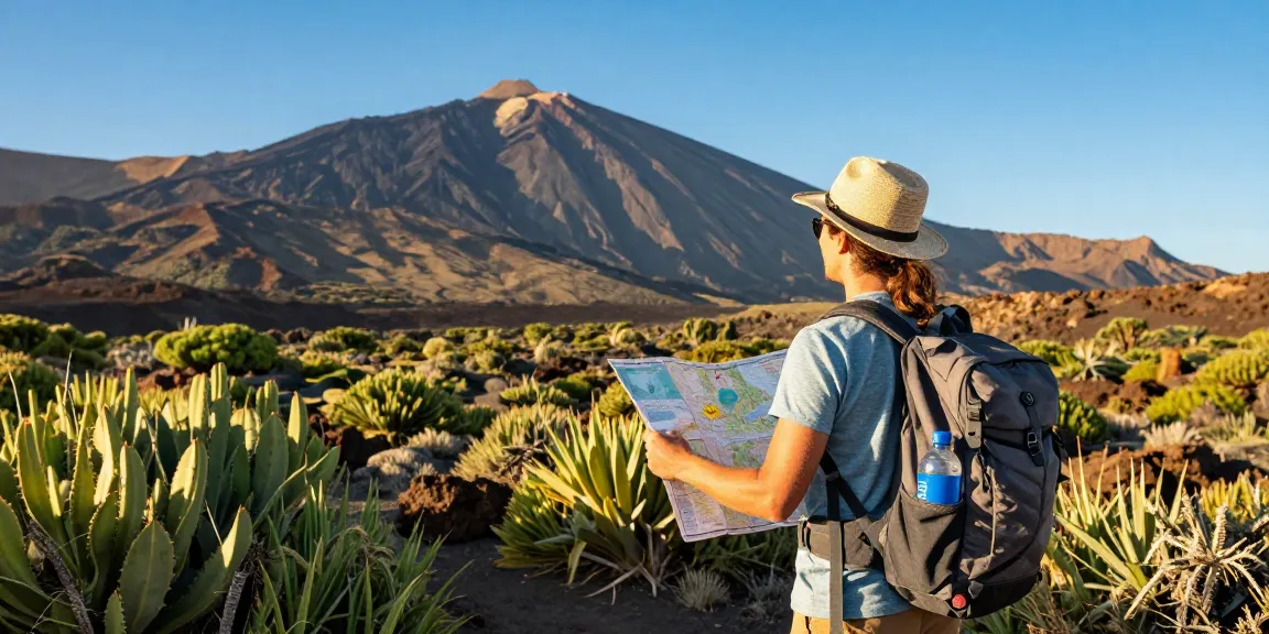 Tenerife travel shop adventure scene featuring a traveler with a map and backpack against volcanic landscapes.