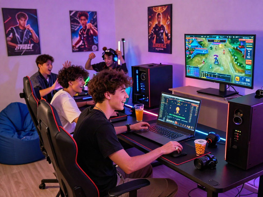 Engaging group of friends playing bandar togel online in a lively gaming setup with snacks and LED lights.
