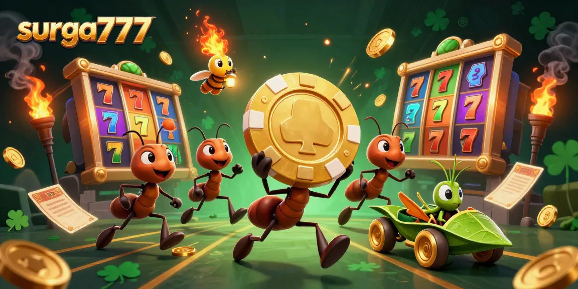 Experience thrilling wins at surga777 with vibrant cartoon ants and gaming elements in a lavish heist.
