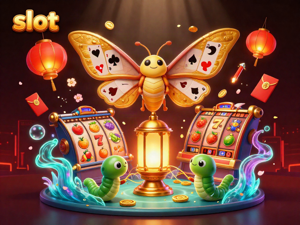 Slot yang menyenangkan dengan simbol buah berputar di mesin slot dan kupu-kupu 3D yang bersinar di kasino.