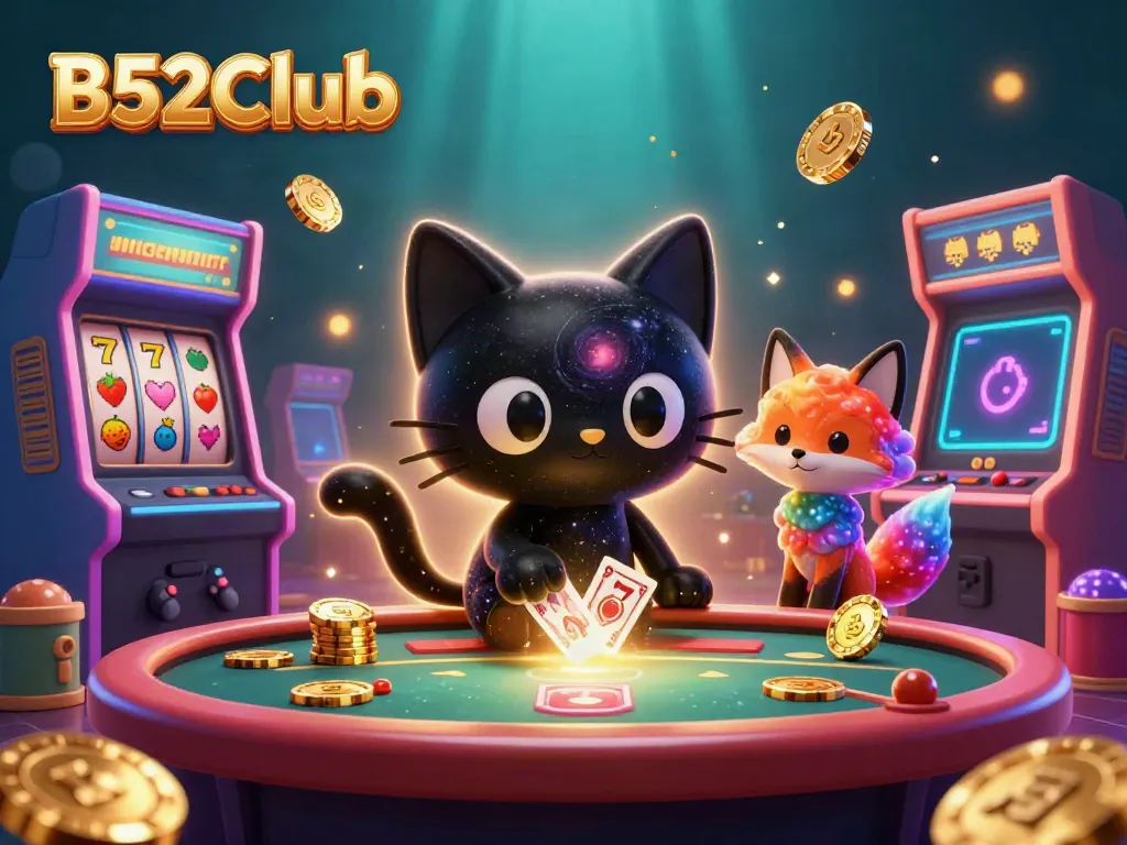 Engage in thrilling games at B52Club with a cosmic casino theme featuring a black hole cat and colorful characters.