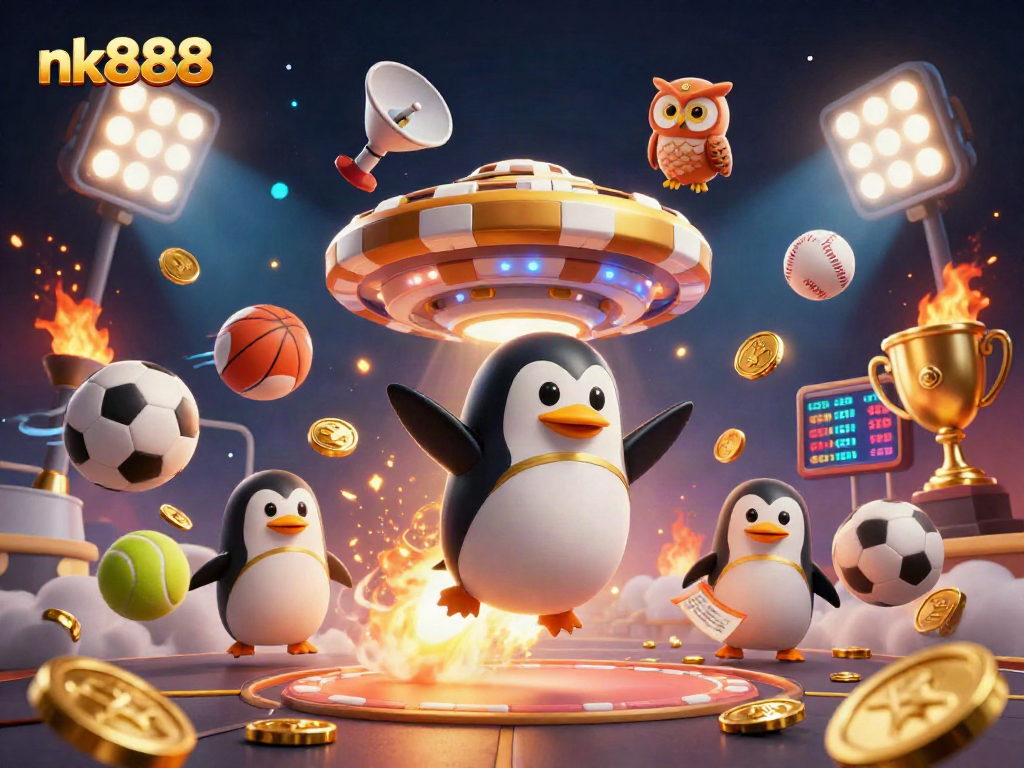 Engage in thrilling sports betting with nk888, showcasing a golden penguin and dynamic casino elements.