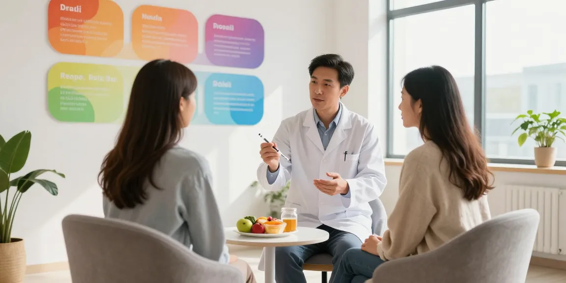 Health professional discussing lipo c b12 injection benefits in a vibrant clinic.