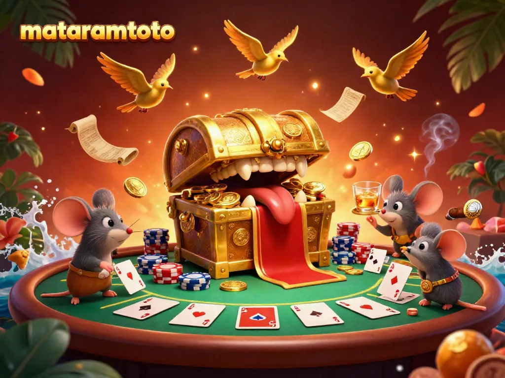 Engage with mataramtoto's golden treasure chest luring adventurer mice at a vibrant casino scene.