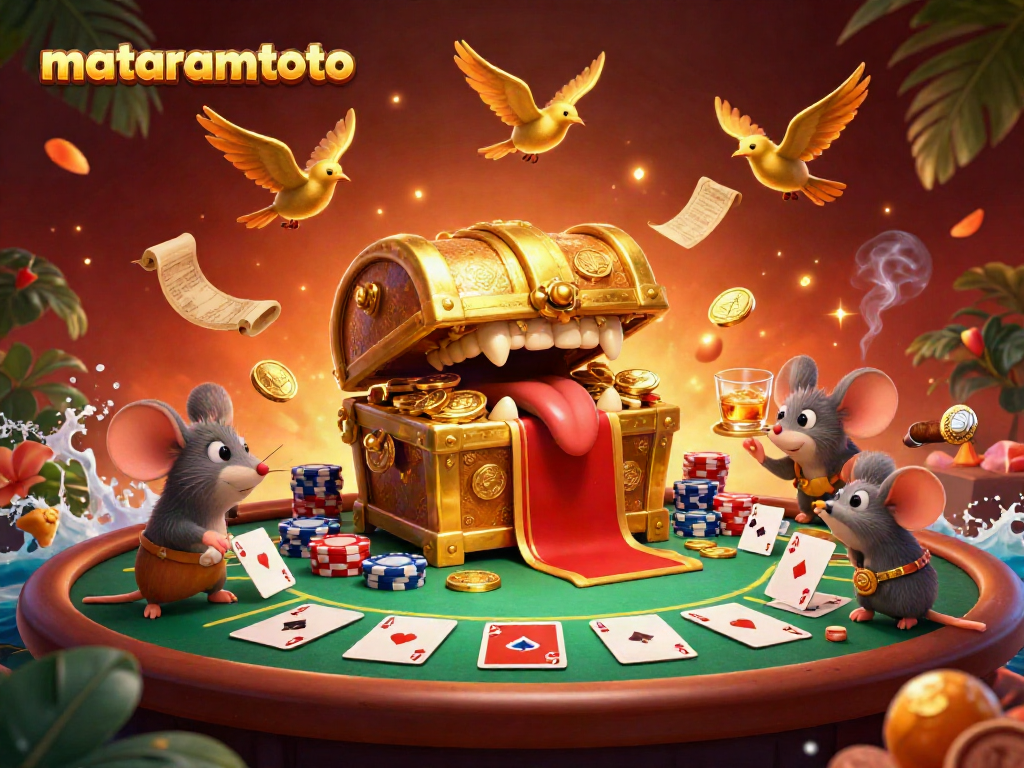 Engage with mataramtoto's golden treasure chest luring adventurer mice at a vibrant casino scene.