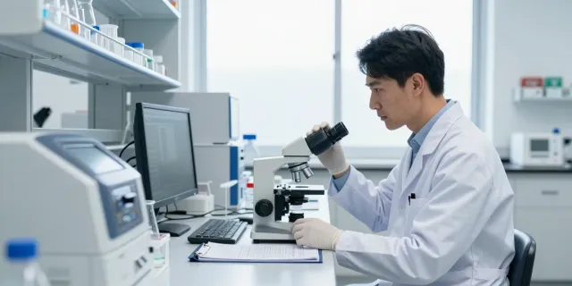 Scientist assessing Tesamorelin price accuracy in a modern laboratory.