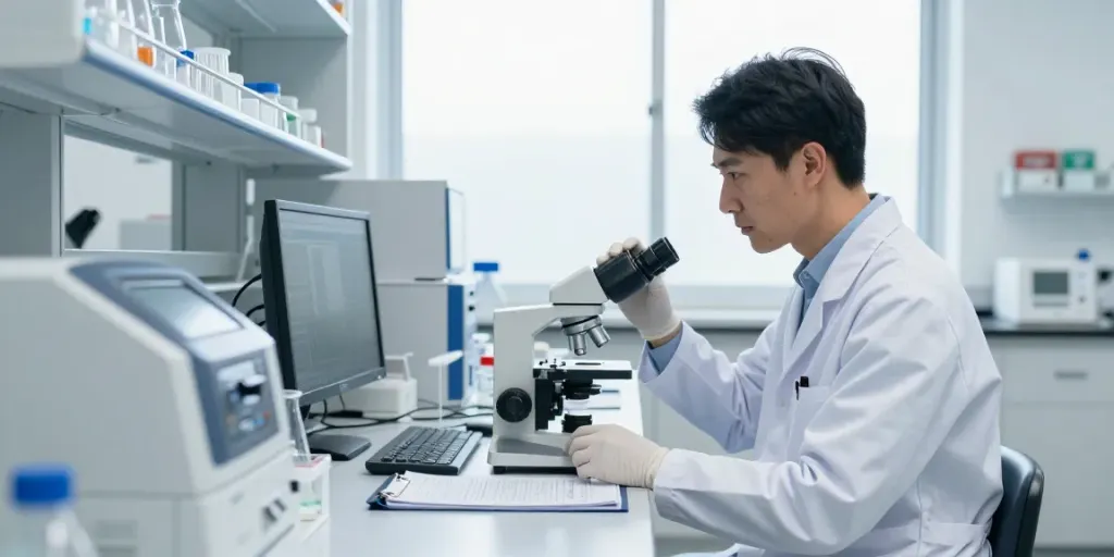 Scientist assessing Tesamorelin price accuracy in a modern laboratory.