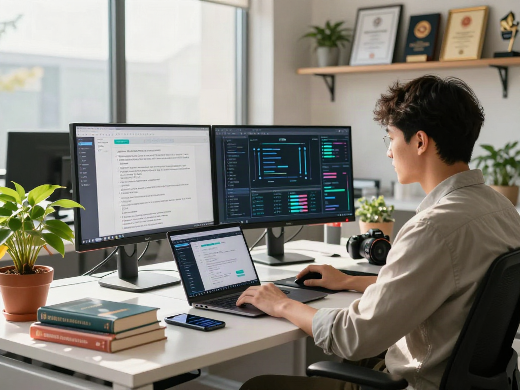 AI Detection illustrated in a modern office workspace with an analyst reviewing algorithms and metrics.