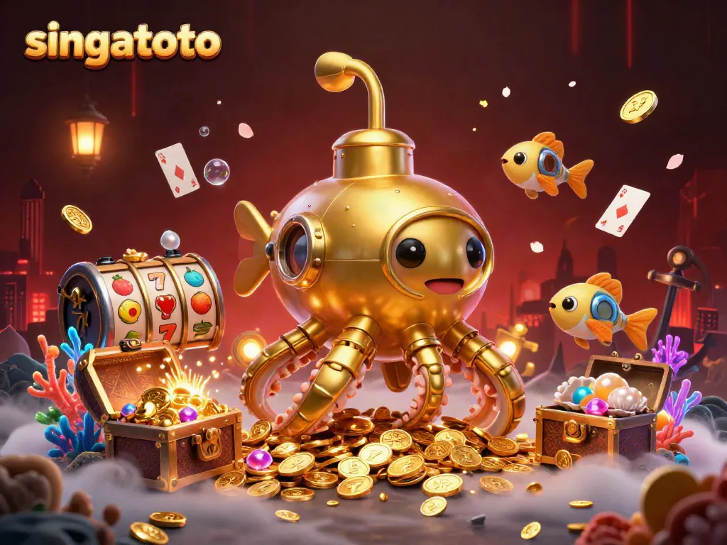Experience the thrill with singatoto's golden kraken submarine amidst a treasure-filled sea.