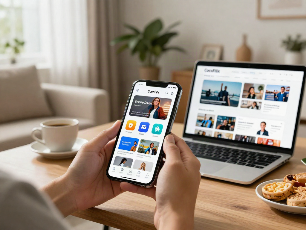 CocoFlix apk download screen displayed on smartphone in a cozy living room setting.