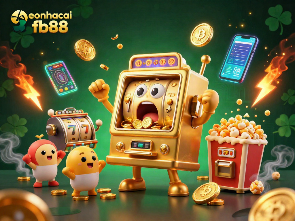 Spin to win with keonhacai fb88's golden slot machine hitting a jackpot, surrounded by cheering baby slots.