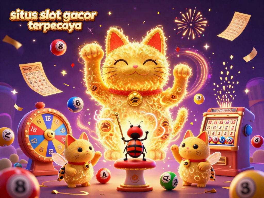 Experience the magic of situs slot gacor terpercaya with animated lucky cat symbols amidst vibrant casino elements.