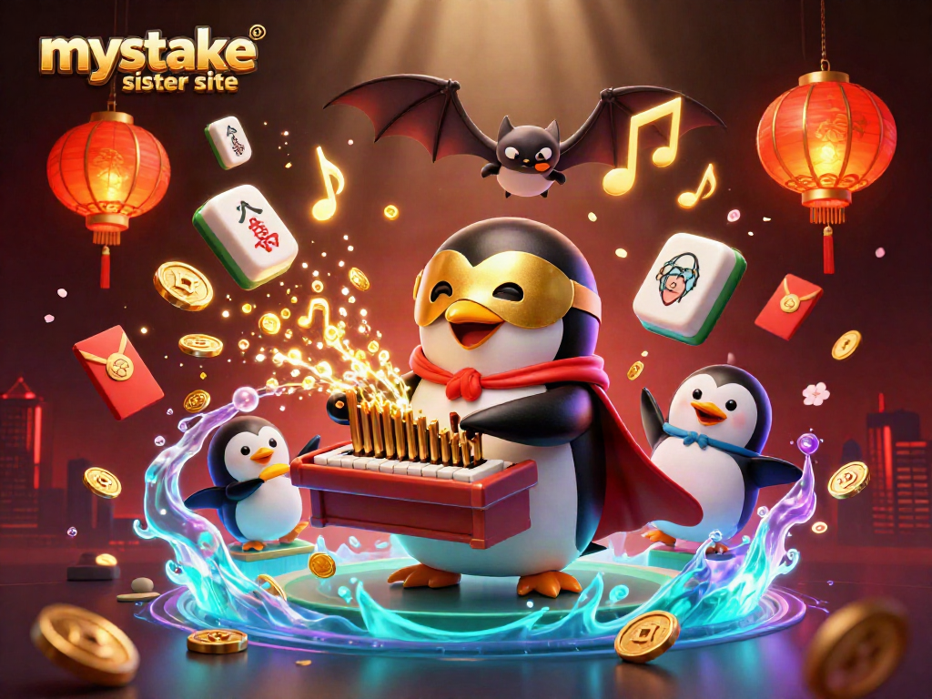 Discover the mystake sister site with a penguin organist and floating casino elements in a vibrant scene.