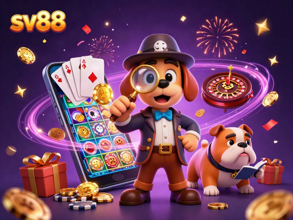 Unveiling sv88's treasure as a detective investigates poker chips amidst colorful casino games.