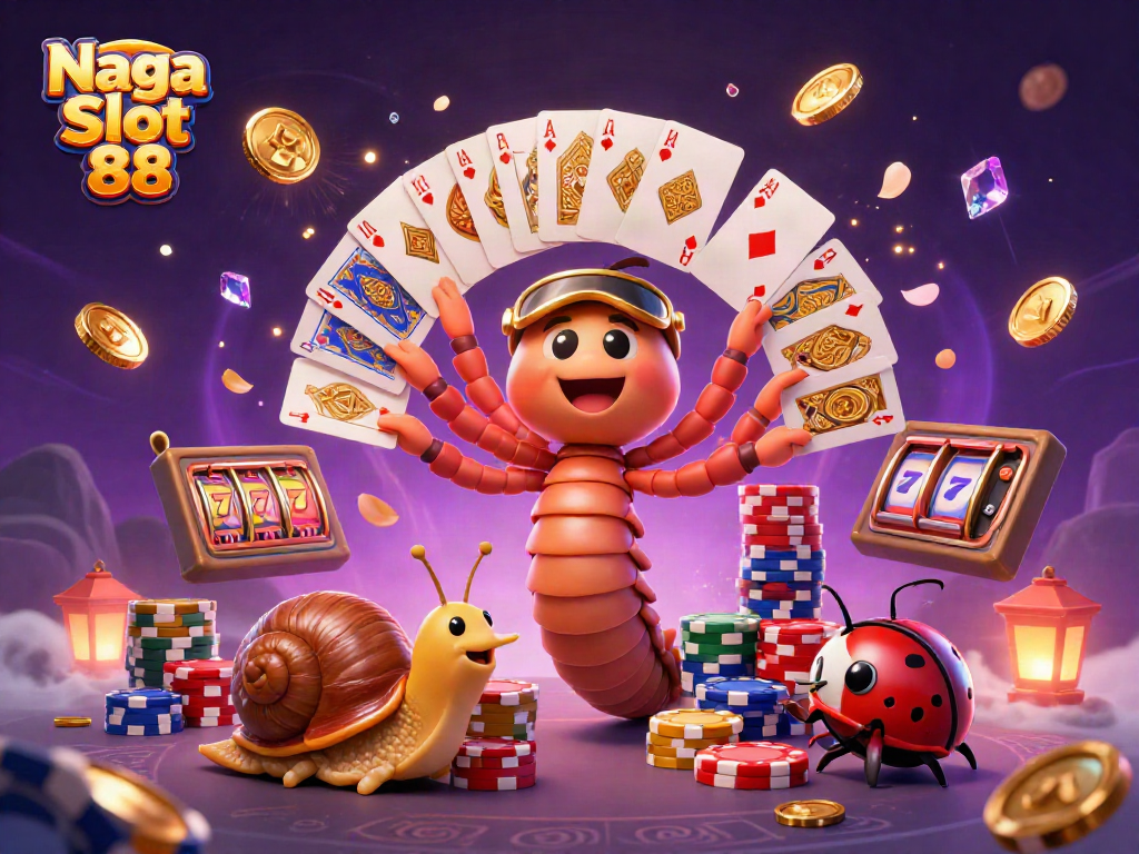 Naga Slot 88 features a vibrant 3D illustration of a millipede dealer, snail, and pill bug with casino elements.
