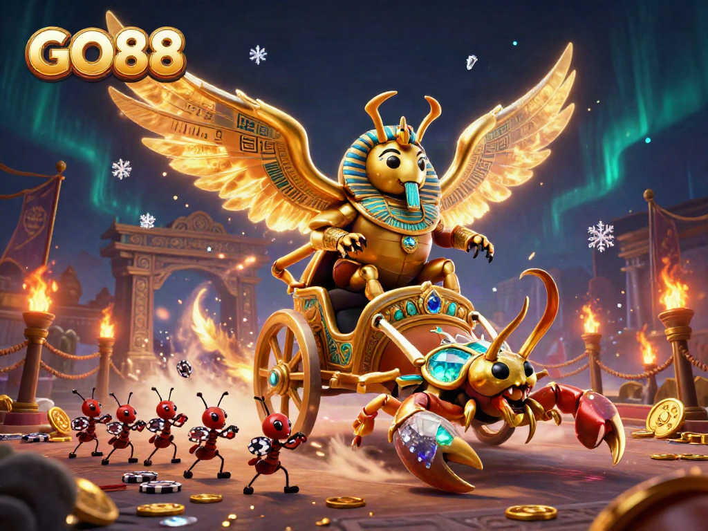 Experience GO88's thrilling casino action with a 3D illustration of a golden scarab beetle and themed elements.