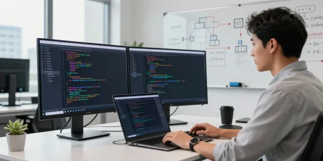 Developer using an OpenAI-compatible API in a modern tech workspace