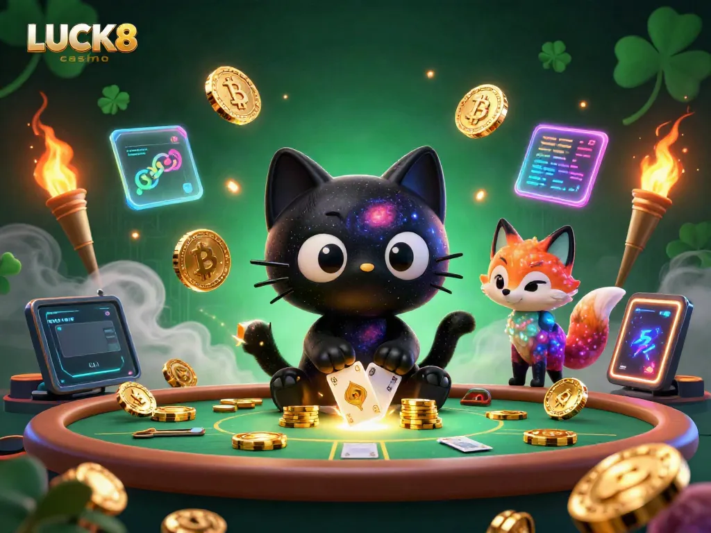 Experience LUCK8 casino with a captivating 3D casino scene featuring a black hole cat and nebula fox amidst vibrant crypto elements.
