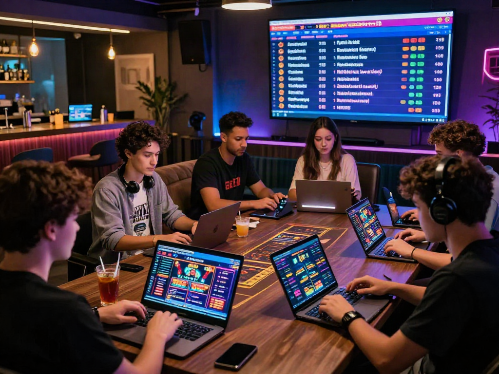 Online gambling scene emphasizing 먹튀검증 for secure betting, showcasing diverse users engaged with devices in a vibrant lounge.