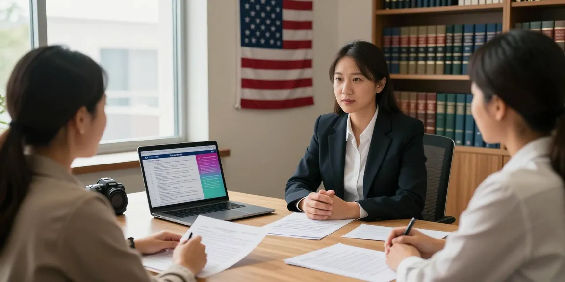 Engaging consultation scene with a free immigration lawyer advising diverse clients on US visa applications.