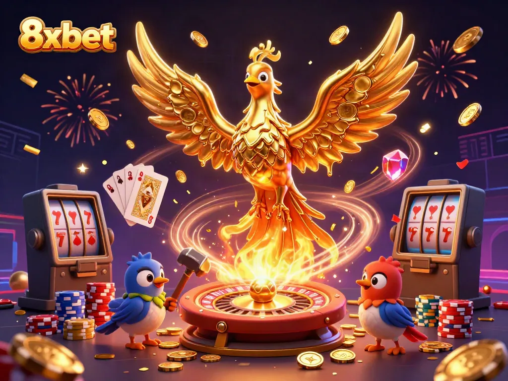 Win big with 8xbet at this stunning casino scene featuring a golden phoenix and casino elements.