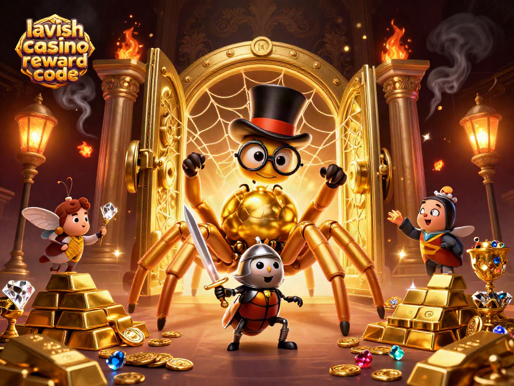 Explore Lavish Luck Casino Reward Code offers with golden tarantula and beetle knight in action.