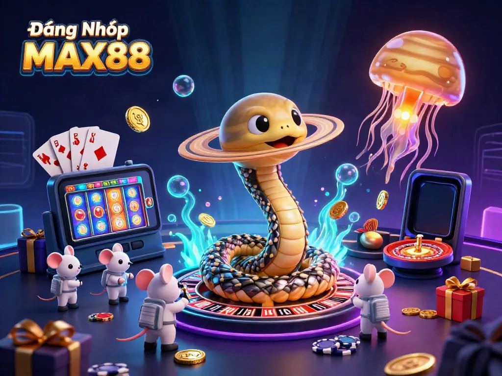 Experience the excitement of Đăng Nhập MAX88 with vibrant 3D casino elements in a dynamic scene.