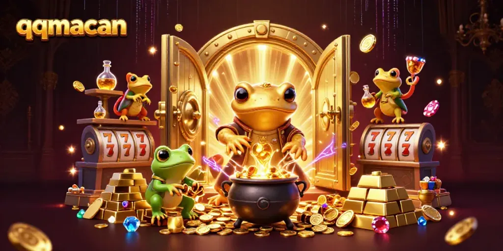 Engage with qqmacan's vibrant casino adventure featuring golden themed characters and interactive gaming elements.