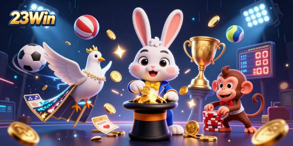 Experience thrilling moments with 23Win in a vibrant 3D casino scene featuring magic and excitement.
