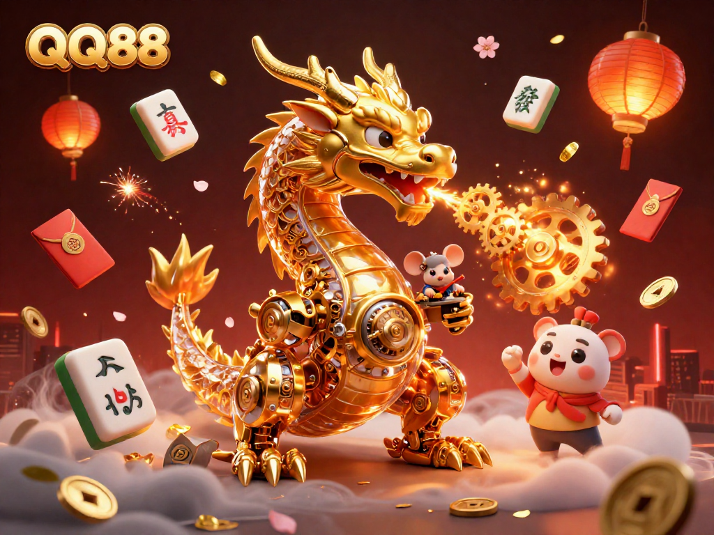 Engage with QQ88's dynamic gaming world featuring a golden dragon and lucky symbols.
