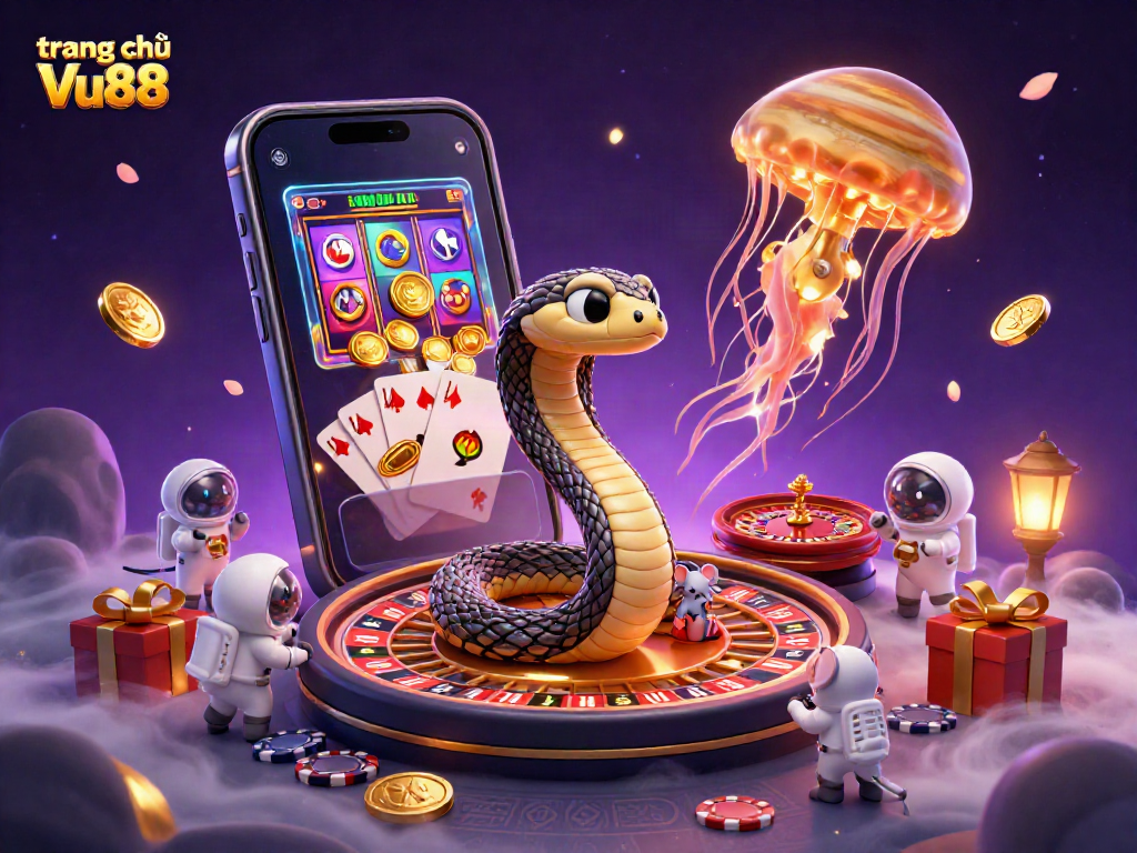 Experience the excitement of gaming at trang chủ Vu88 with a vibrant cosmic casino scene featuring engaging 3D characters.