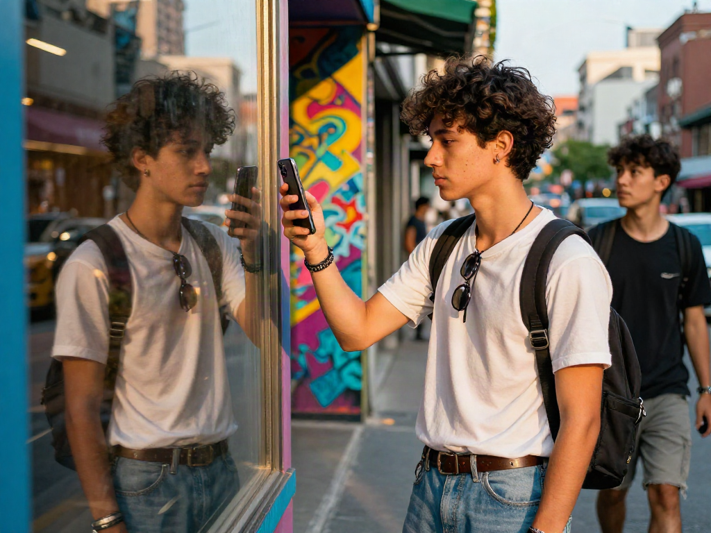 Exploring how old do I look while examining reflection in vibrant urban setting.