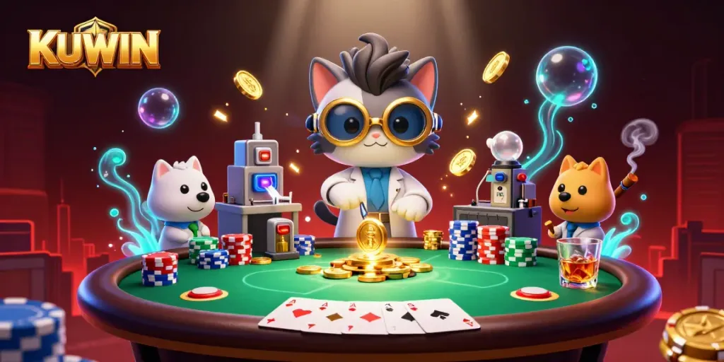 KUWIN's vibrant scene showcases a mad scientist cat and dog with poker elements in a casino environment.