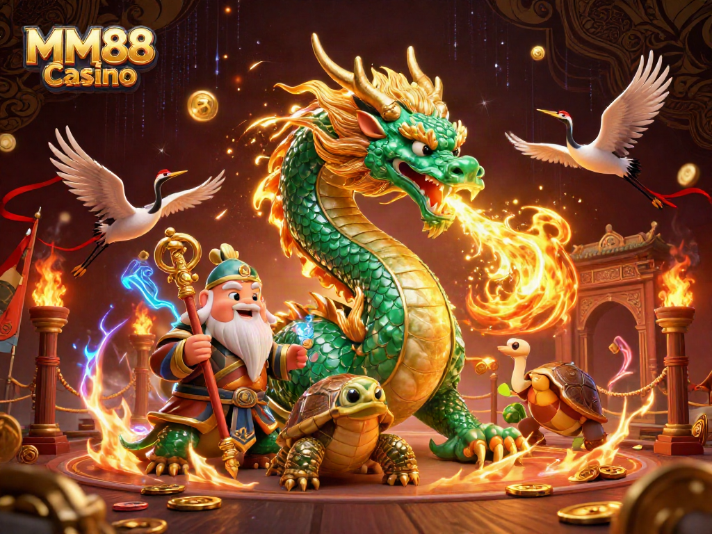 Experience the thrill of MM88 Casino with an enchanting dragon and sage illustration!