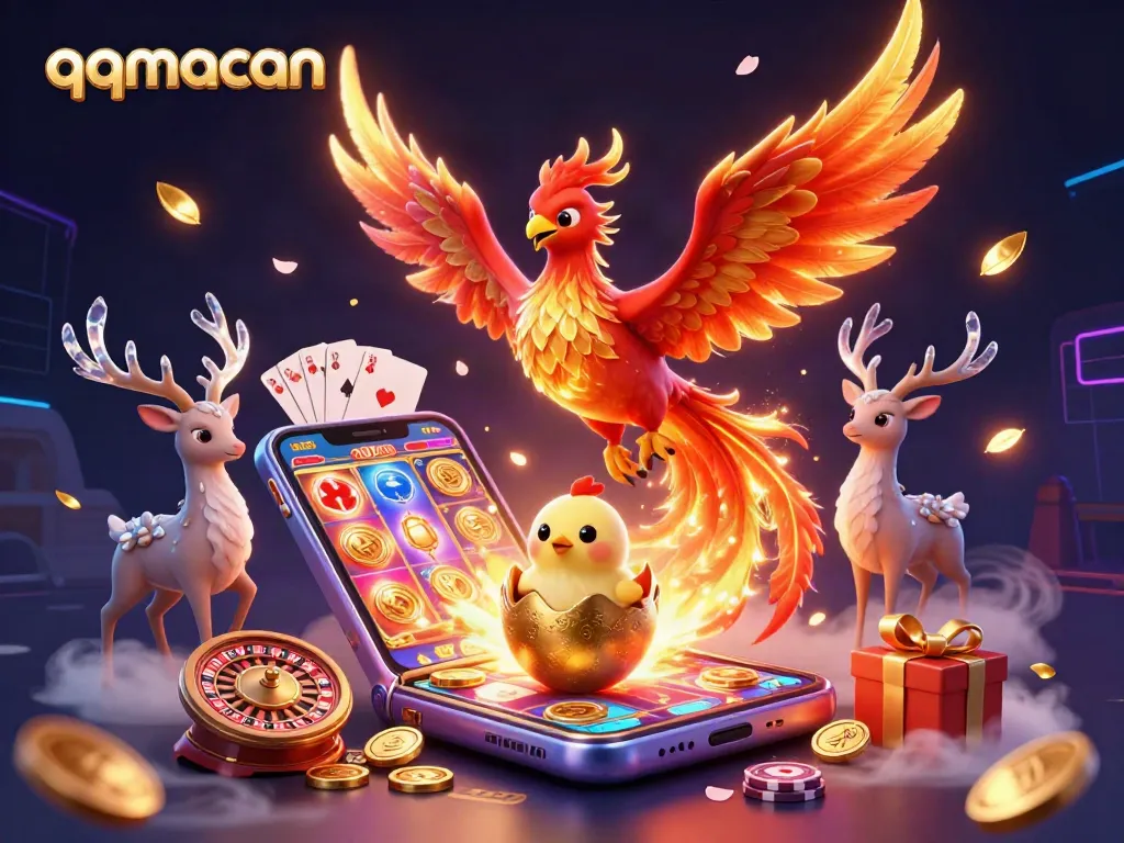 Experience the thrill of qqmacan with a vibrant digital casino scene showcasing a phoenix, slot games, and enticing symbols.
