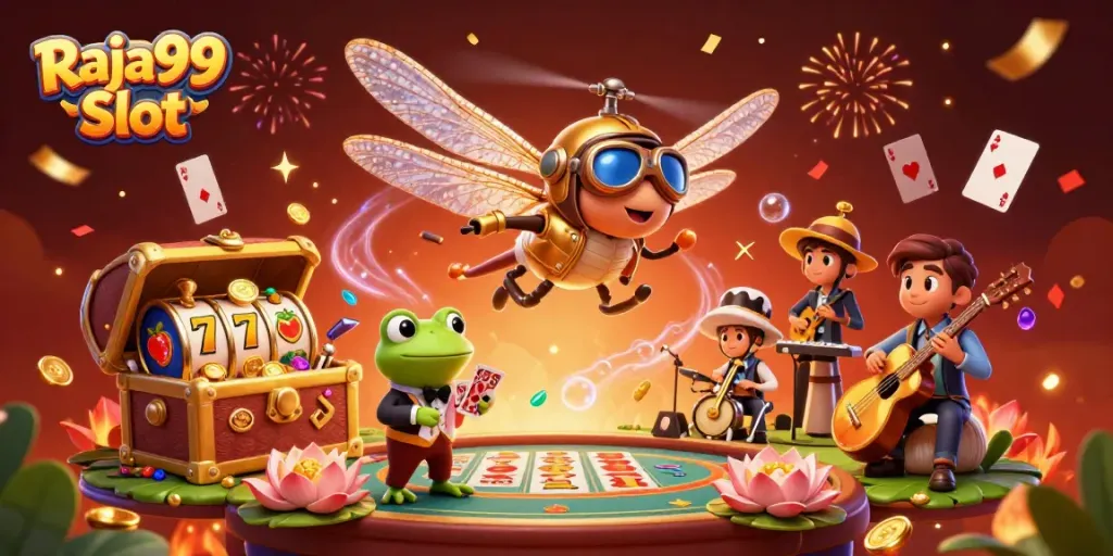 Raja99 Slot menampilkan pengalaman bermain yang seru dengan croupier katak dan pilot serangga 3D.