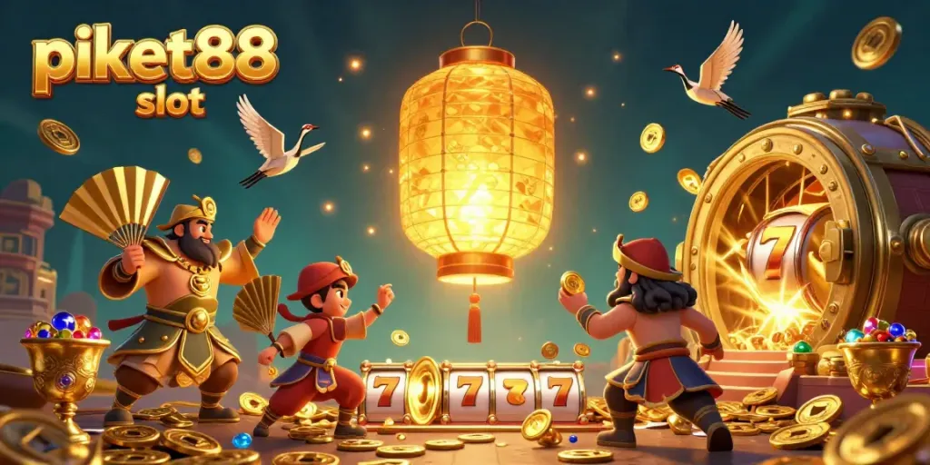 Engage with the vibrant gaming world of piket88 slot surrounded by golden treasures and dynamic slot reels.