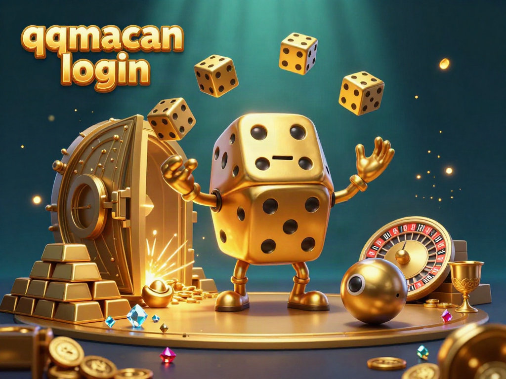 Experience the excitement of qqmacan login with a vibrant casino-themed 3D illustration showcasing a golden dice golem juggling dice.